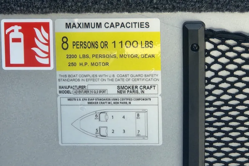 Slide: The Image of 2026 Smoker Craft Adventurer 210 GLS Sport capacity label, 8 persons or 1100 lbs. - 34