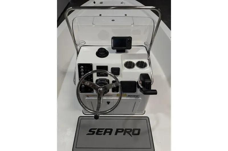Slide: The Image of 2026 Sea Pro 172 Bay boat console with steering wheel and navigation equipment. - 8