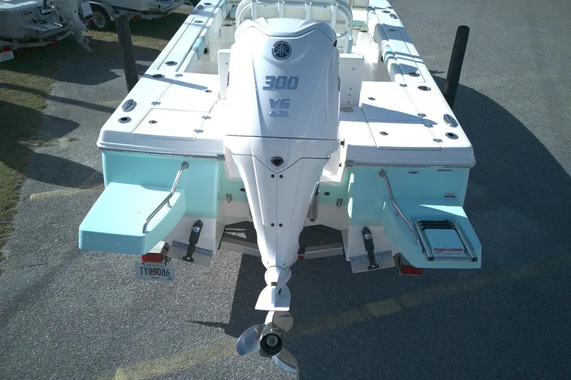 Slide: The Image of 2024 Robalo 246 Cayman boat with powerful 300 V6 engine, rear view. - 8