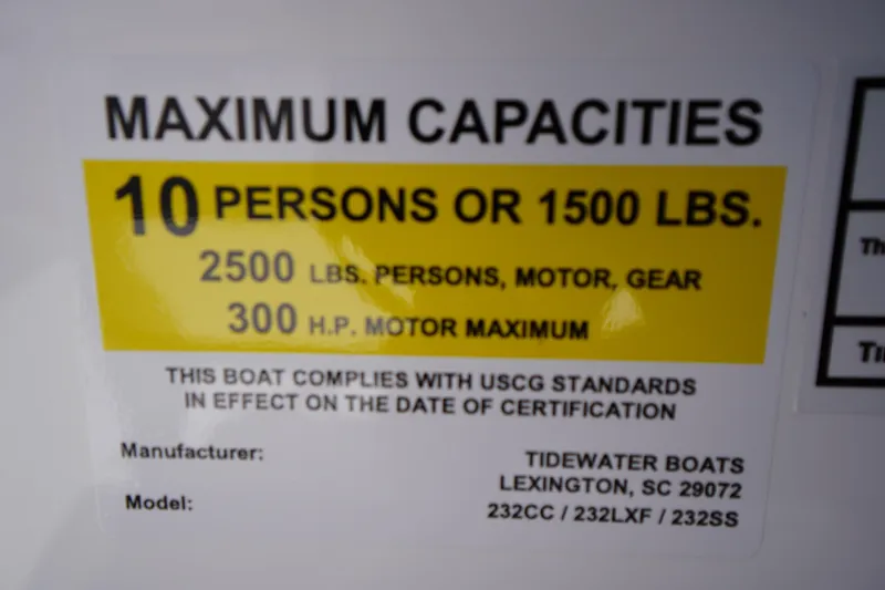 Slide: The Image of Tidewater 232 LXF 2026 boat capacity label: 10 persons, 1500 lbs, 300 HP max. - 35