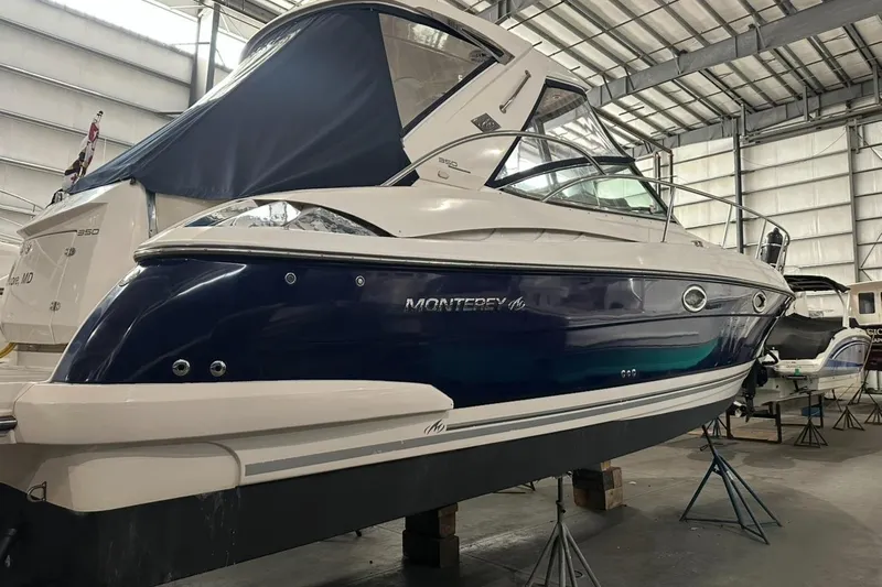 Slide: The Image of 2008 Monterey 350 Sport Yacht in storage, showcasing sleek design and modern features. - 2