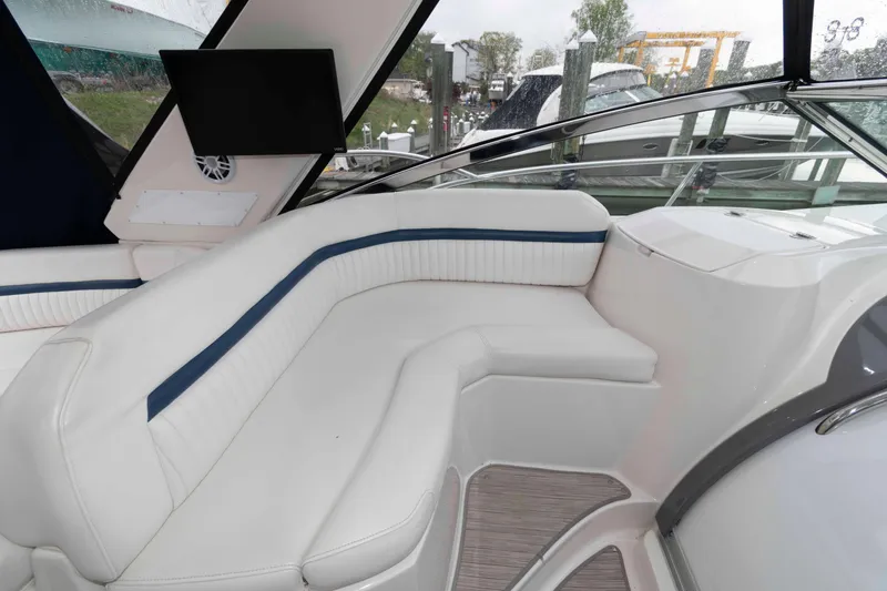 Slide: The Image of Luxurious interior of 2008 Monterey 350 Sport Yacht with white seating and sleek design. - 9