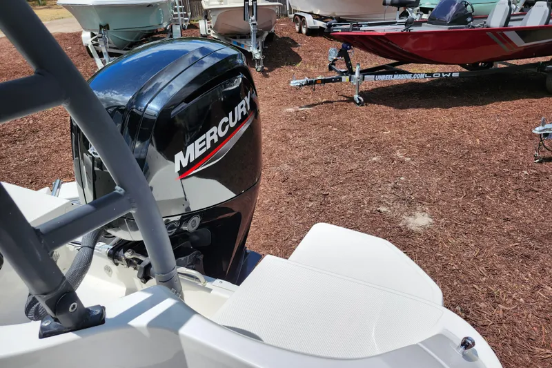 Slide: The Image of 2021 Bayliner Element E18 with Mercury outboard motor, displayed on a boat lot. - 32