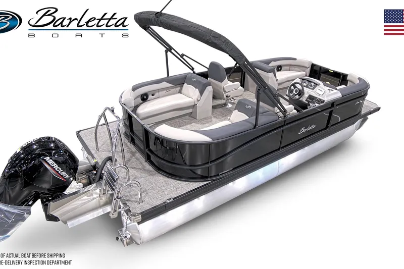 Slide: The Image of 2026 Barletta Sanza S22QC pontoon boat with sleek design and Mercury outboard motor. - 4