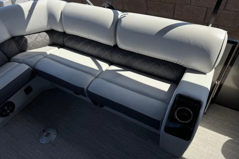 Slide: The Image of Luxurious seating on 2023 SunCatcher Elite 326 SE boat with cup holder and quilted design. - 20