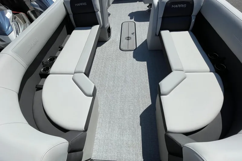 Slide: The Image of Interior of 2026 Harris Cruiser 230 SLDH pontoon boat with spacious seating. - 3