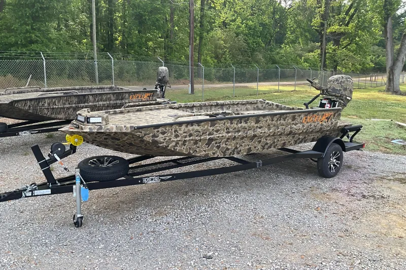 The Image of 2026 Excel 1751 Viper F4 boat with camouflage design on a trailer. - 0