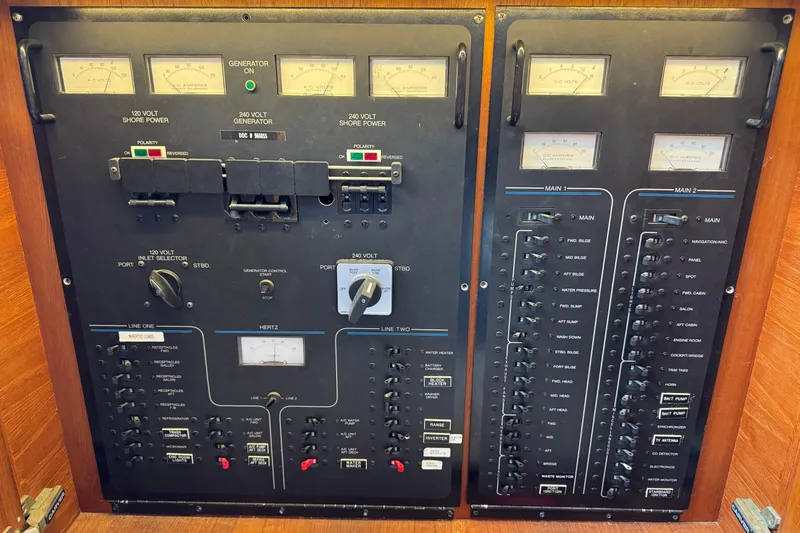 Slide: The Image of Electrical control panel of a 1991 Californian 55 Cockpit Motor Yacht, featuring gauges and switches. - 104
