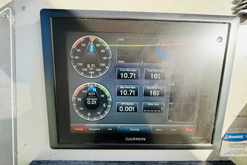 Slide: The Image of Garmin display on 1991 Californian 55 Cockpit Motor Yacht showing wind and speed data. - 59