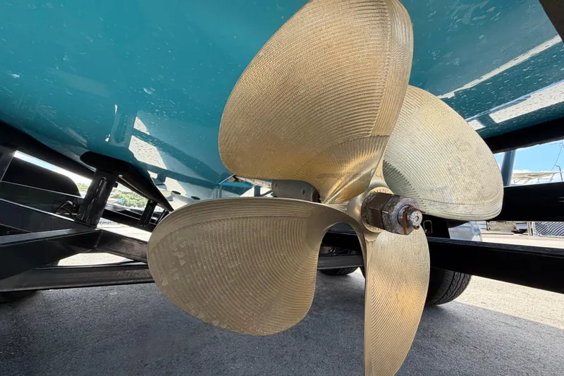 Slide: The Image of Close-up of a 2023 Heyday WTSurf boat propeller, showcasing its sleek design. - 7