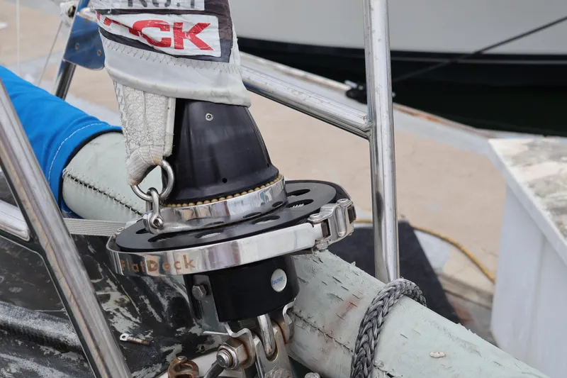 Slide: The Image of Sailboat rigging detail on a Sydney 38, year 2000, featuring a furling system. - 21