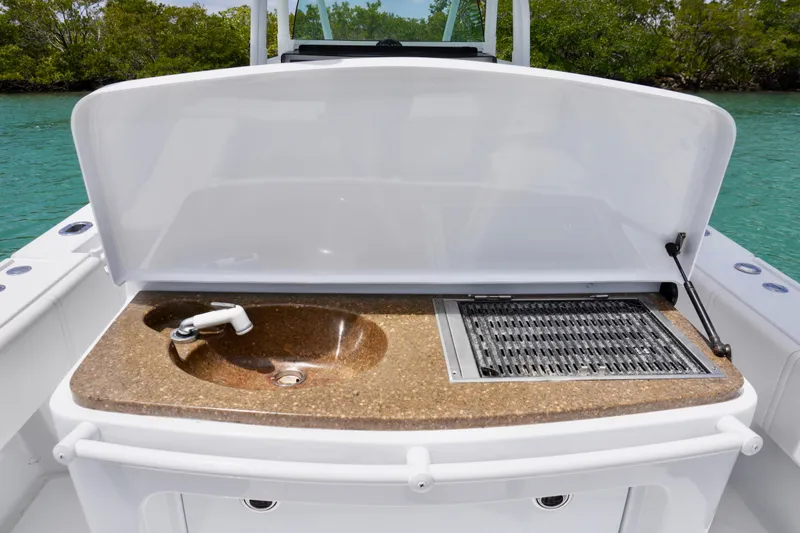 Slide: The Image of Boat sink and grill on 2013 Contender 35 LS, with open cover, near water. - 31