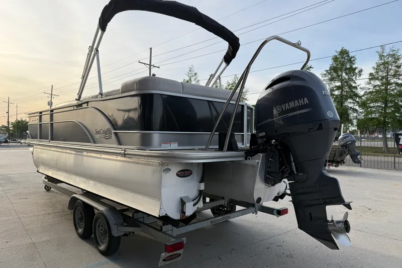 Slide: The Image of 2022 Custom G3 Suncatcher 322FC pontoon boat with Yamaha outboard motor on trailer. - 5