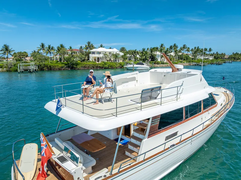Slide: The Image of 2018 Grand Banks GB60 yacht cruising on a sunny day with passengers relaxing on deck. - 17