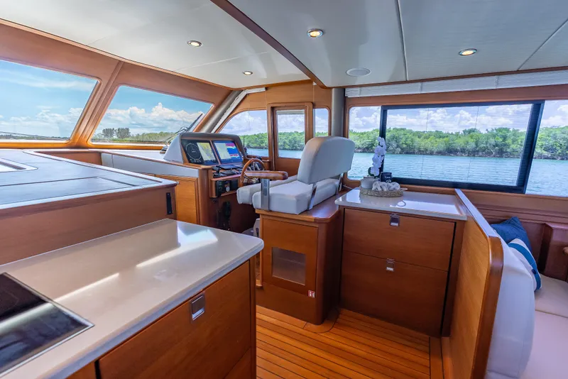 Slide: The Image of Interior of a 2018 Grand Banks GB60 yacht with modern cockpit. - 49