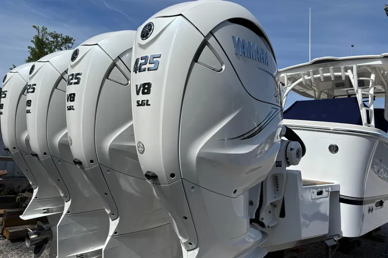 Slide: The Image of Four Yamaha 425 V8 outboard engines on a 2023 Regulator 41 boat. - 71