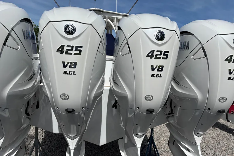 Slide: The Image of Four Yamaha 425 V8 5.6L outboard engines on a 2023 Regulator 41 boat. - 72