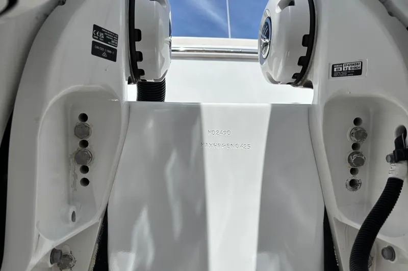 Slide: The Image of 2023 Regulator 41 boat engine mount detail with Yamaha components. - 73
