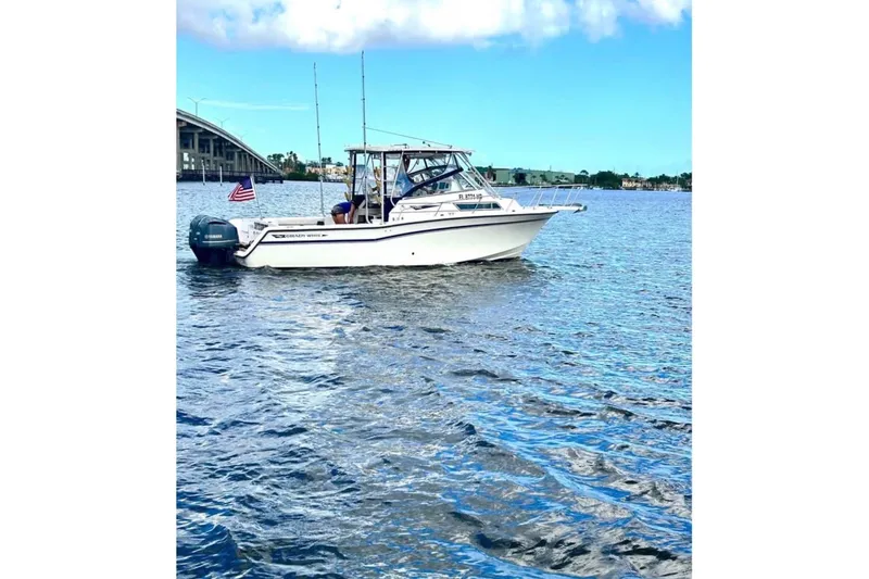 Slide: The Image of Twin Yamaha 250 outboard engines on a 1995 Grady-White Marlin 300 boat, near lush shoreline. - 4
