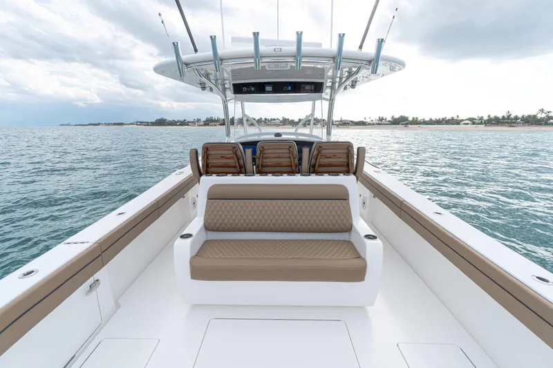 Slide: The Image of 2026 Valhalla Boatworks V-41 on water, featuring spacious seating and sleek design. - 6