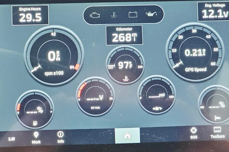 Slide: The Image of Dashboard of 2024 Bennington RX 23 RXFBA showing engine metrics and GPS speed. - 15