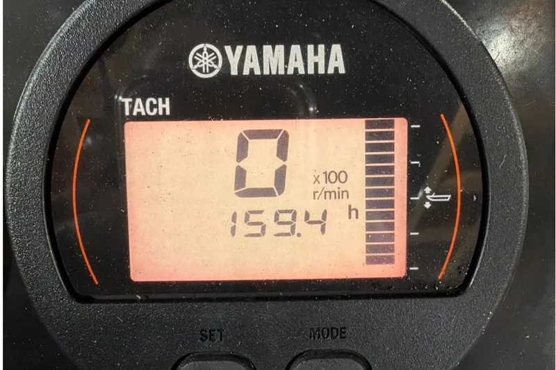 Slide: The Image of Yamaha tachometer displaying 159.4 hours on Sealegs 7.7 Amphibious RIB, 2018 model. - 7