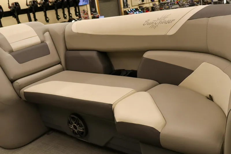 Slide: The Image of Luxurious seating in the 2024 SunChaser Eclipse 8525 LR DH pontoon boat. - 6