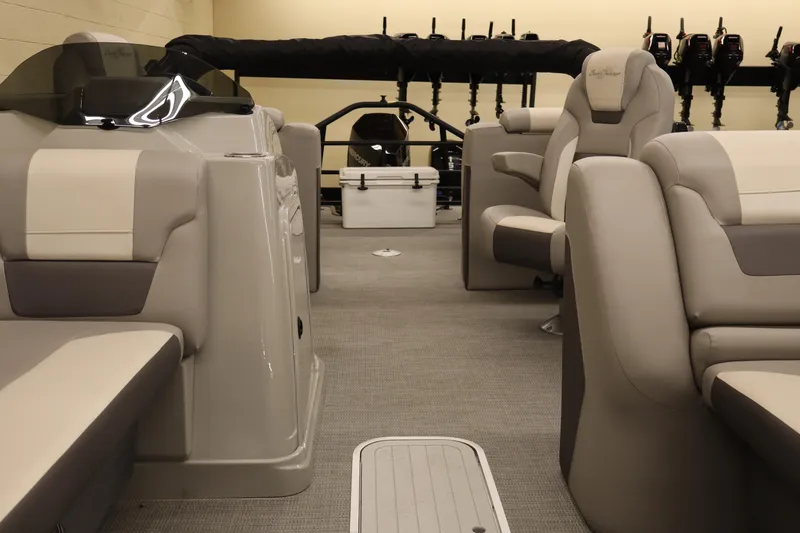 Slide: The Image of Luxurious interior of 2024 SunChaser Eclipse 8525 LR DH pontoon boat with plush seating. - 7