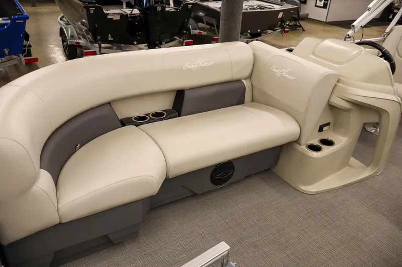 Slide: The Image of Luxurious seating on 2025 SunChaser Vista 18 Fish boat, featuring cup holders and elegant design. - 6