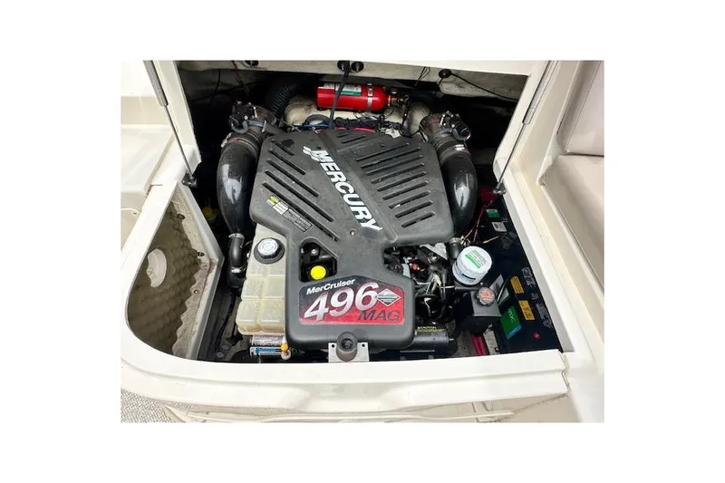 Slide: The Image of Engine compartment of a 2004 Sea Ray 270 Sundeck with MerCruiser 496 MAG engine. - 26