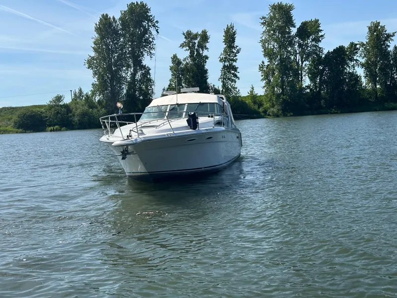 Slide: The Image of 1993 Sea Ray Sundancer 370 on calm water with trees in background. - 44