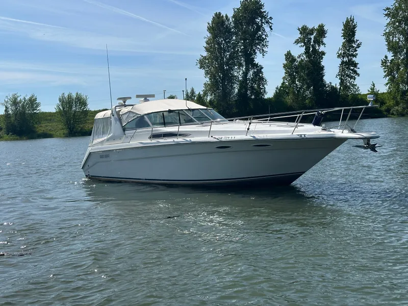 Slide: The Image of 1993 Sea Ray Sundancer 370 on calm water, surrounded by trees. - 45