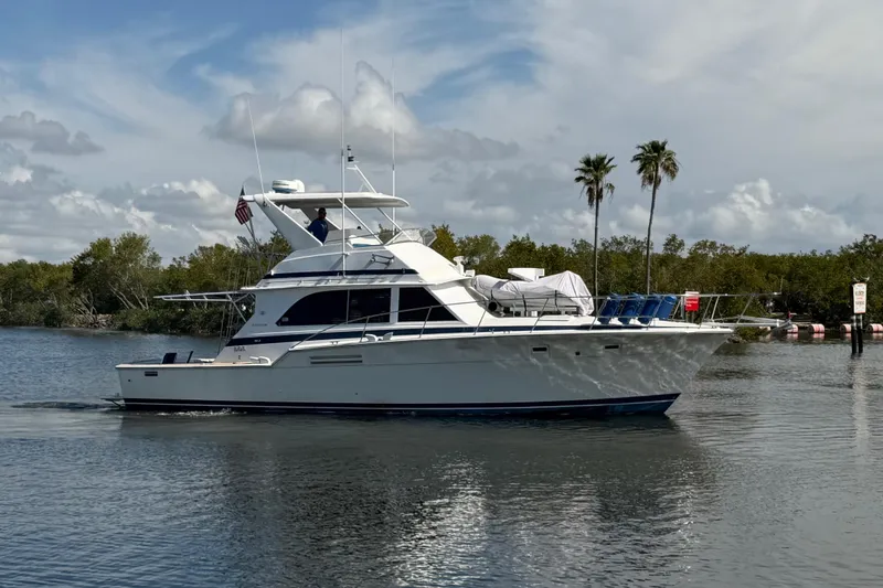 The Image of 1986 Bertram 46 Convertible yacht cruising on calm waters with scenic background. - 0
