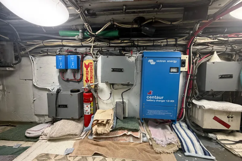 Slide: The Image of Engine room of 1986 Bertram 46 Convertible with Victron Energy battery charger and fire extinguisher. - 92