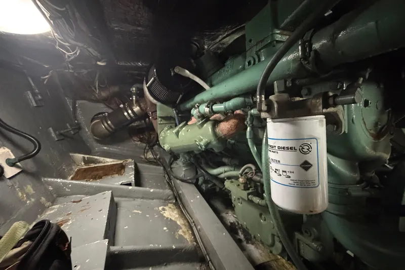 Slide: The Image of Engine room of a 1986 Bertram 46 Convertible with Detroit Diesel engine. - 93