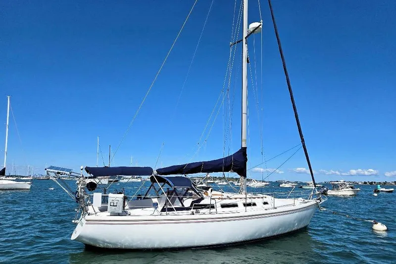 The Image of 1986 Catalina 36 sailboat anchored in a sunny harbor with clear blue skies. - 0