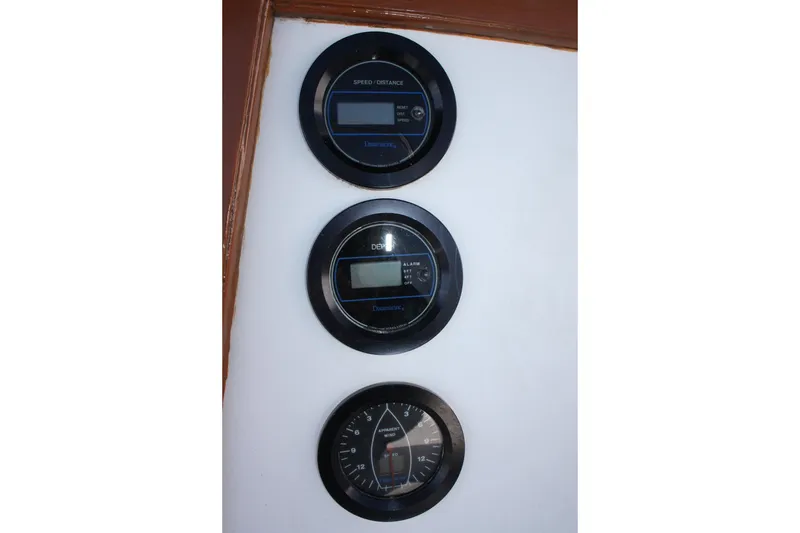 Slide: The Image of Instrumentation panel on a 1986 Catalina 36 sailboat, featuring speed, depth, and wind gauges. - 33