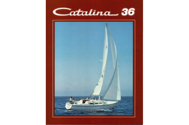 Slide: The Image of 1986 Catalina 36 sailboat on open sea, featured on a vintage brochure cover. - 74