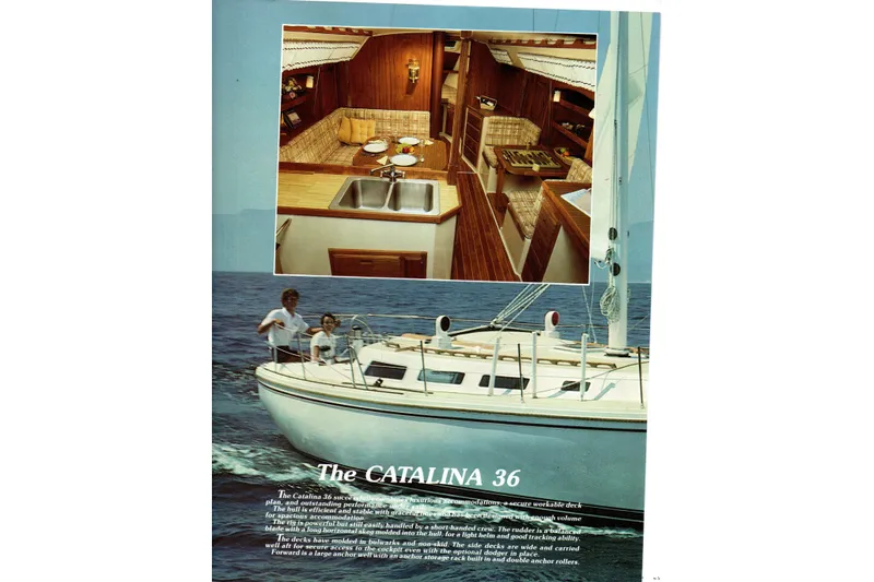 Slide: The Image of Sailboat Catalina 36, 1986 model, with interior cabin view and ocean backdrop. - 75