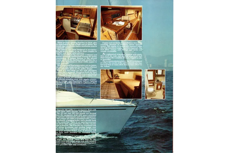 Slide: The Image of 1986 Catalina 36 yacht interior and exterior brochure showcasing kitchen, dining, and sleeping areas. - 76