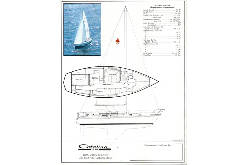 Slide: The Image of Catalina 36 sailboat blueprint and specifications, 1986 model, with sailing image. - 77