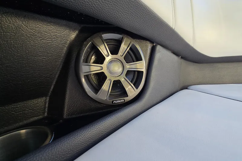 Slide: The Image of Speaker system in 2019 Regal 2000 ES Bowrider boat interior, featuring Fusion audio. - 31
