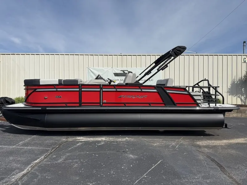 The Image of 2026 Starcraft SLS 3 Q DH pontoon boat, red, side view. - 1