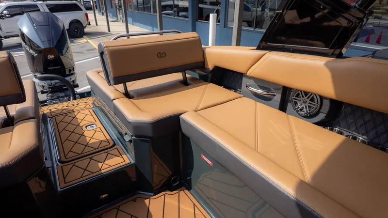 Slide: The Image of Interior of 2026 Cobalt R6 boat with luxurious leather seating. - 12