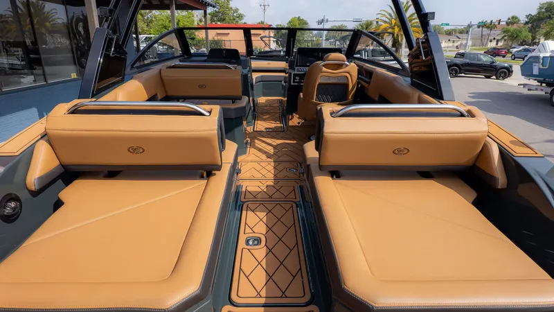 Slide: The Image of Interior of Cobalt R6 boat, luxurious leather seating, model year 2026. - 8