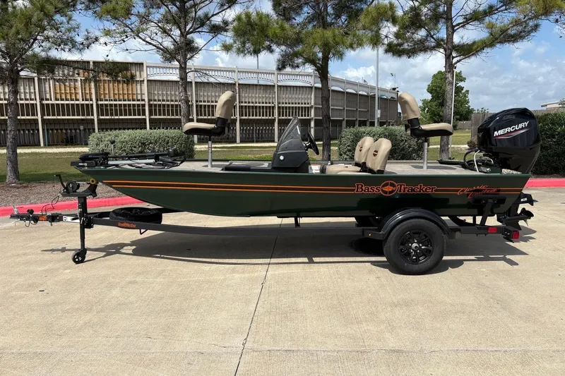 The Image of 2026 Tracker Bass Tracker Classic Limited boat on trailer, parked outdoors. - 0