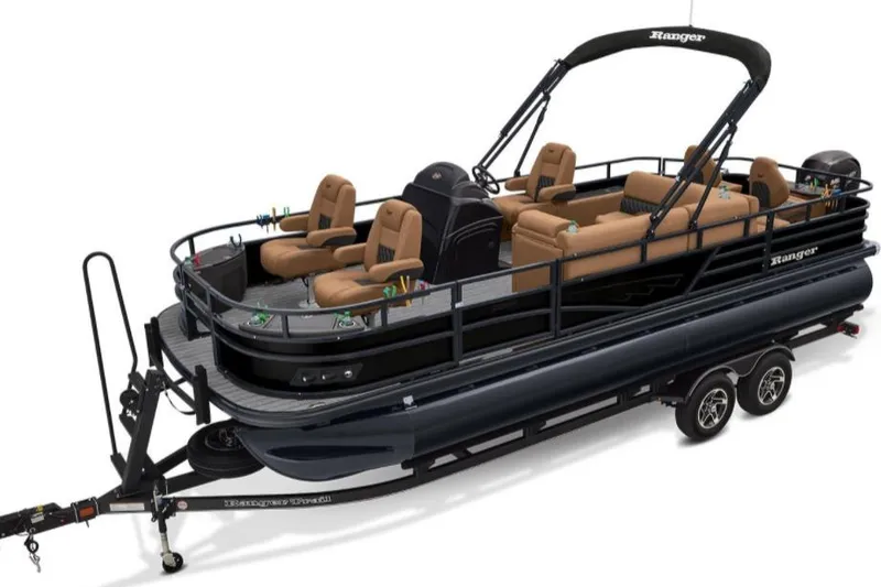 The Image of 2026 Ranger 220F pontoon boat with tan seating on a trailer. - 0