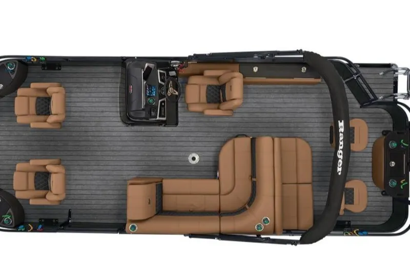 Slide: The Image of 2026 Ranger 220F boat interior with tan seating and modern helm. - 2