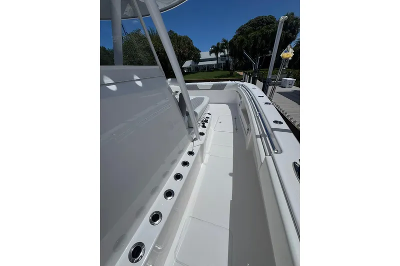 Slide: The Image of 2024 Invincible 35 Catamaran deck view, showcasing sleek design and spacious layout. - 6
