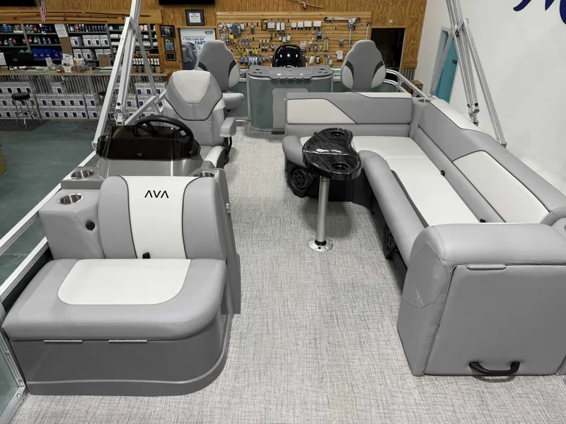 Slide: The Image of Interior of 2026 Avalon Venture 85 Rear Fish with gray seating. - 6
